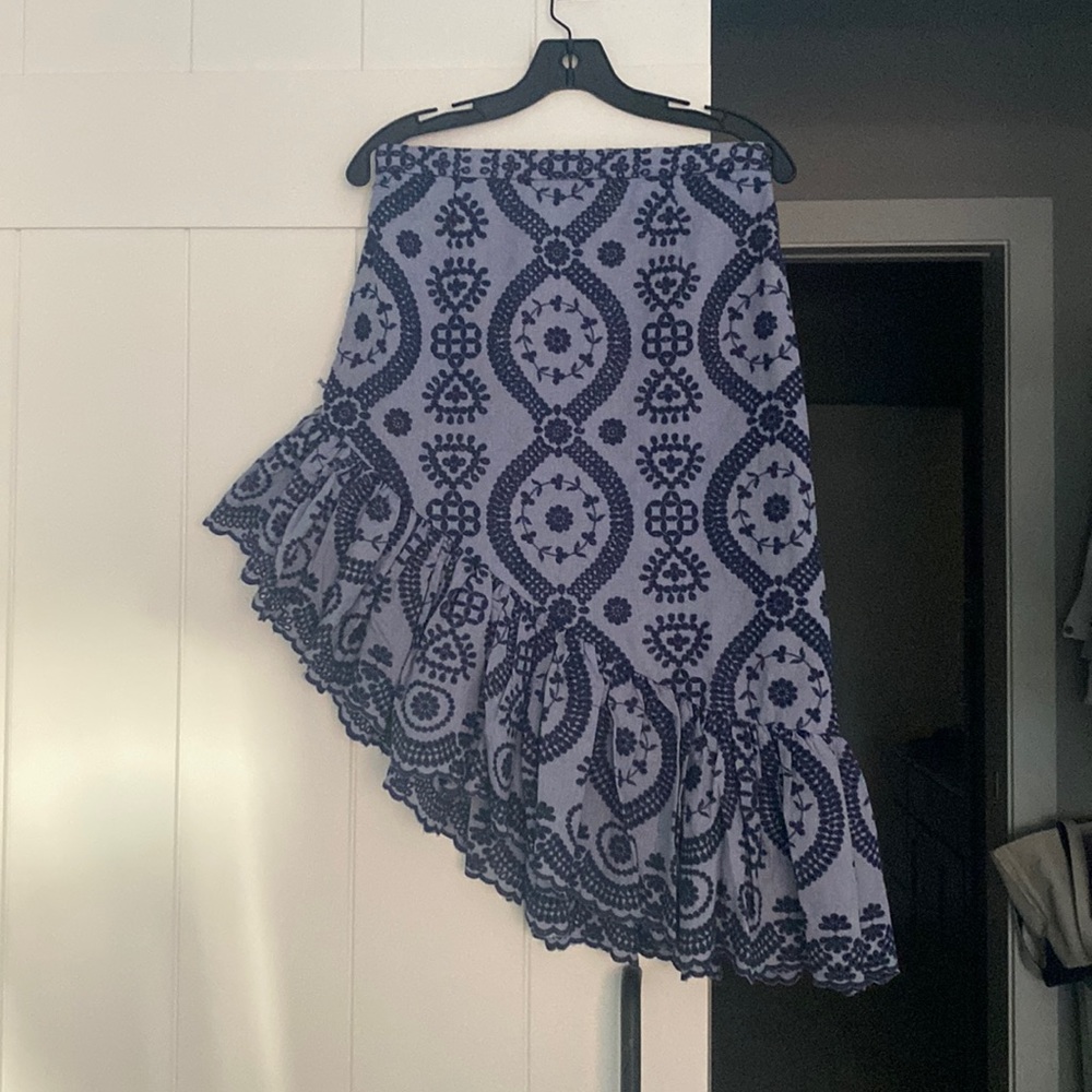 NWT Loveshackfancy alana skirt asymmetrical blue denim chambray eyelet